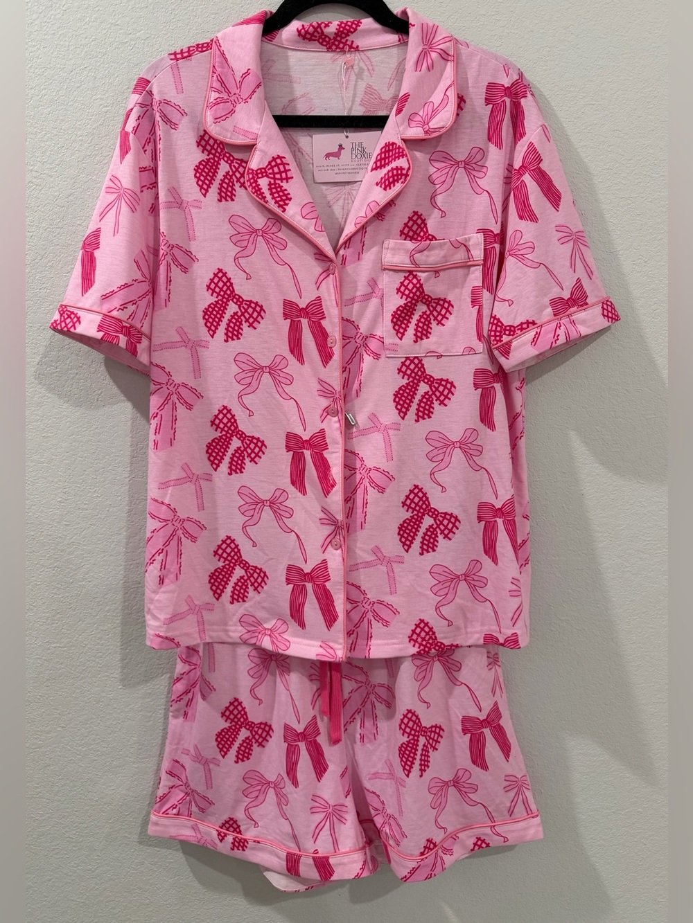 Pink Doxie Light Pink Dark Pink Bows Button Short Two-Piece Pajama Set Small
